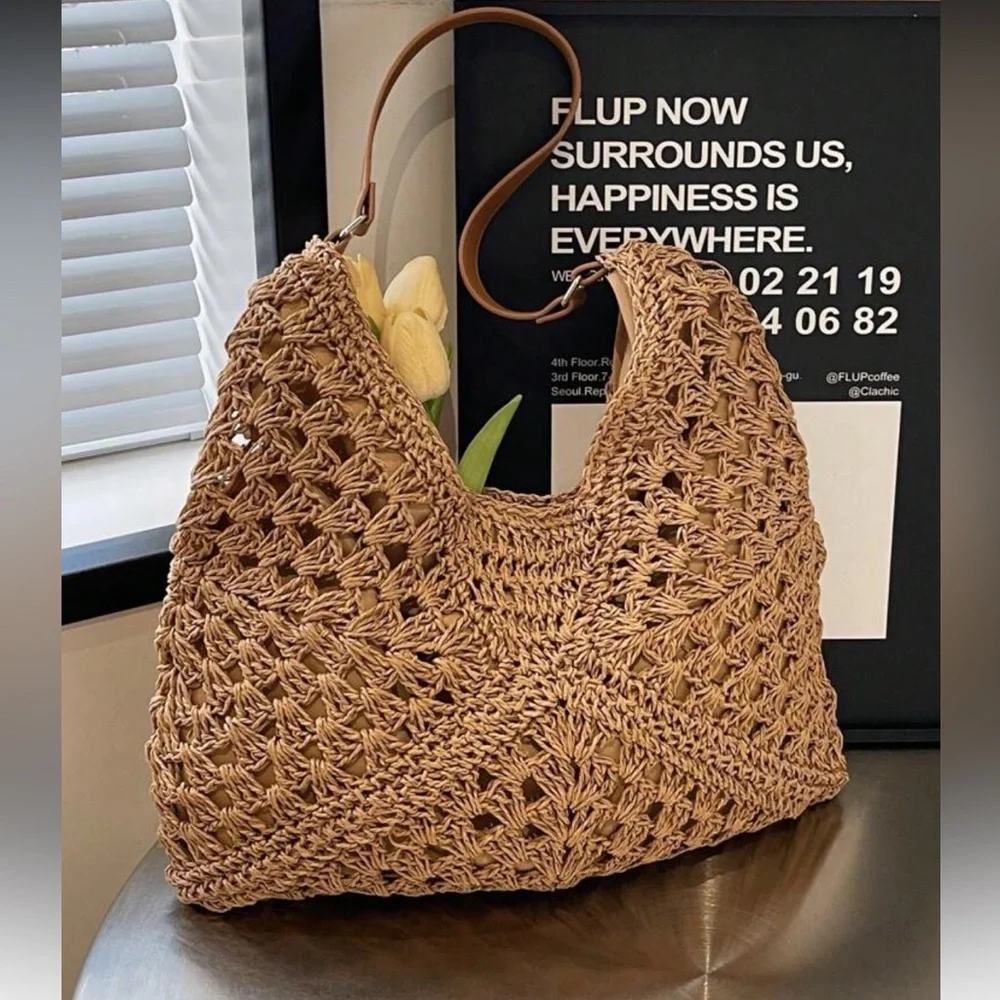 Elegant Khaki Crochet Hobo Bag